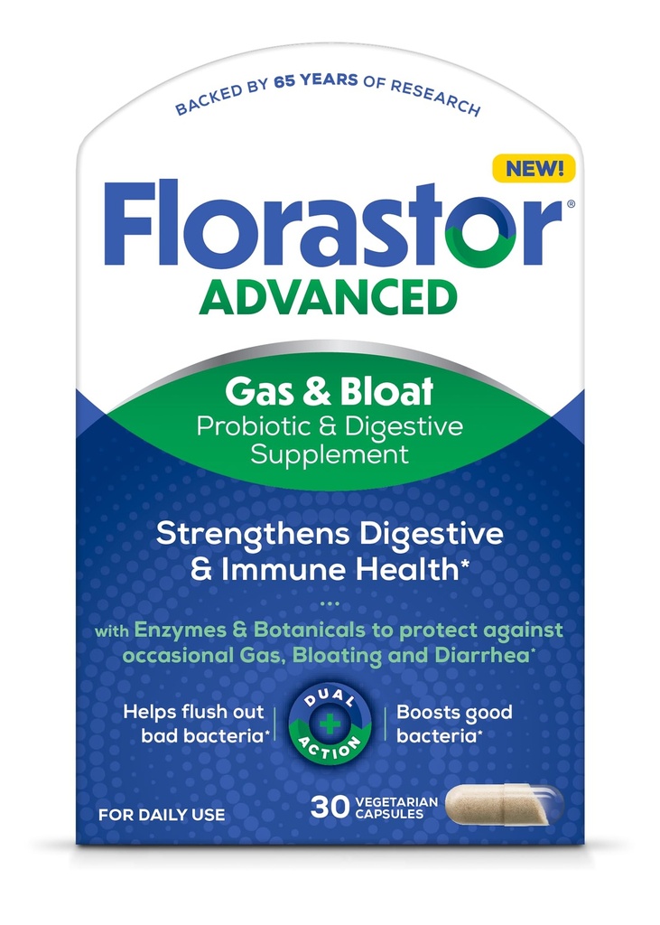 Florastir Advanced Gas and Bloat Probiootti, Dgestive Enzymes and Botanicals, Plus Probiootit Dgestive Health, 30 kapselia