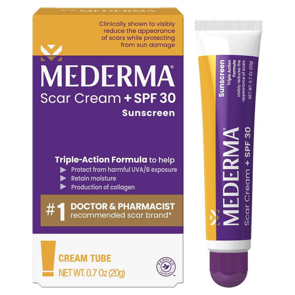 Mederma Scar Cream Plus SPF 30 - Avancerad skärmbehandling, Skyddar från solskador, minskar utseendet på släp från Acne, Burns, Surgery & Injury, 0,7 oz