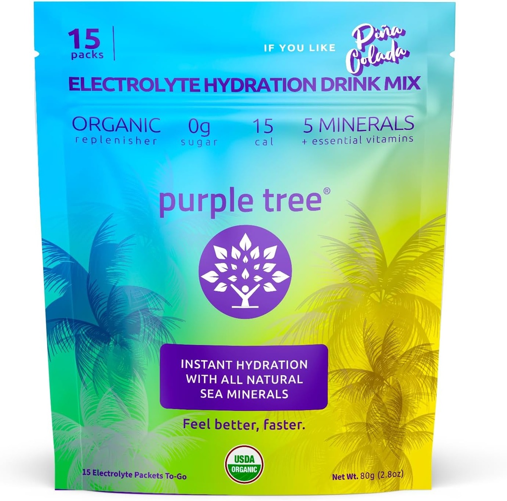 Purple Tree Organic Electrolyte Hydration Packets - Pina Colada Flavor, Sugar-Free Liquid Hydration Sticks för snabb rehydrering, Daily Electrolyte Drink Mix för Dehydration Relief, 15 To-Go Packs