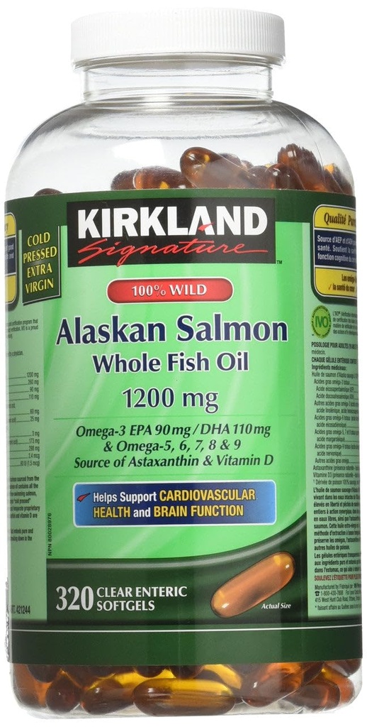 Kirkland Allekirjoitus 100% Wild Alaskan Salmon Oil 90 EPA 110 DHA 1200mg - 320 Enteric päällystetty Softgels