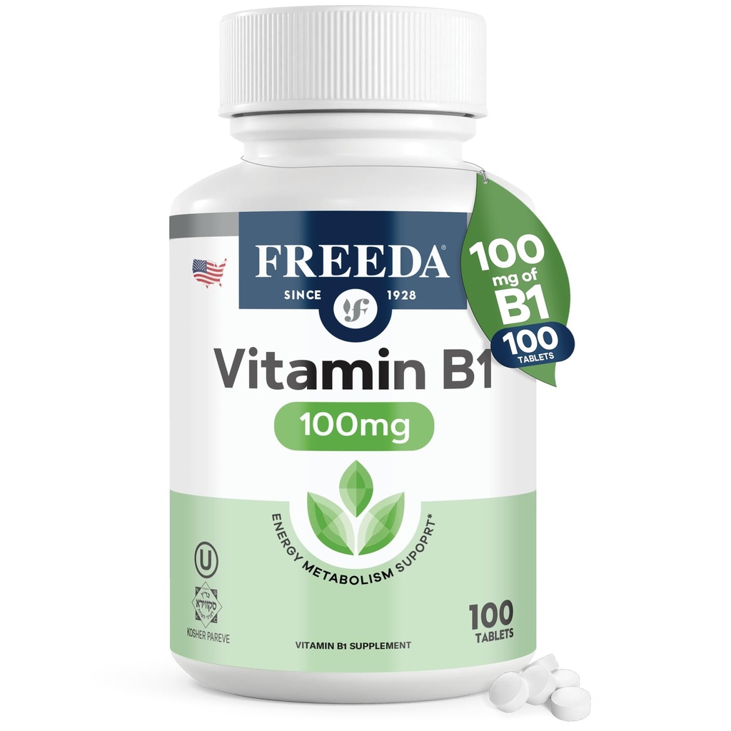 Freeda B1-vitamiini Tiamine 100 mg - Tukee energian aineenvaihduntaa, Hermoston terveys - Kosher, Vegan, Gluteeniton - Thiamin HCl 100 mg B1-vitamiini - Pure Vit B1-vitamiini Tiamine B1-vitamiini täydentää (100 Ct)