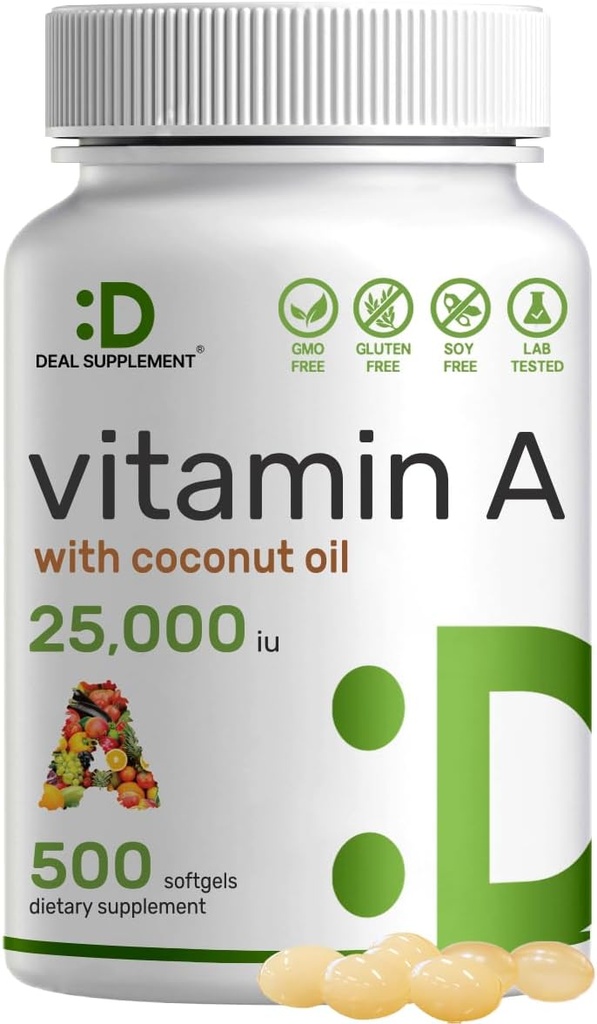 DEAL SUPPLEMENT High Potency Vitamin A 25000 IE, 500 Coconut Oil Softgels | Easily Absorbed, Natural Fish Liver Oil Source - Vitaminer för ögon, immun och hudhälsa - Lätt att svälja, icke-GMO