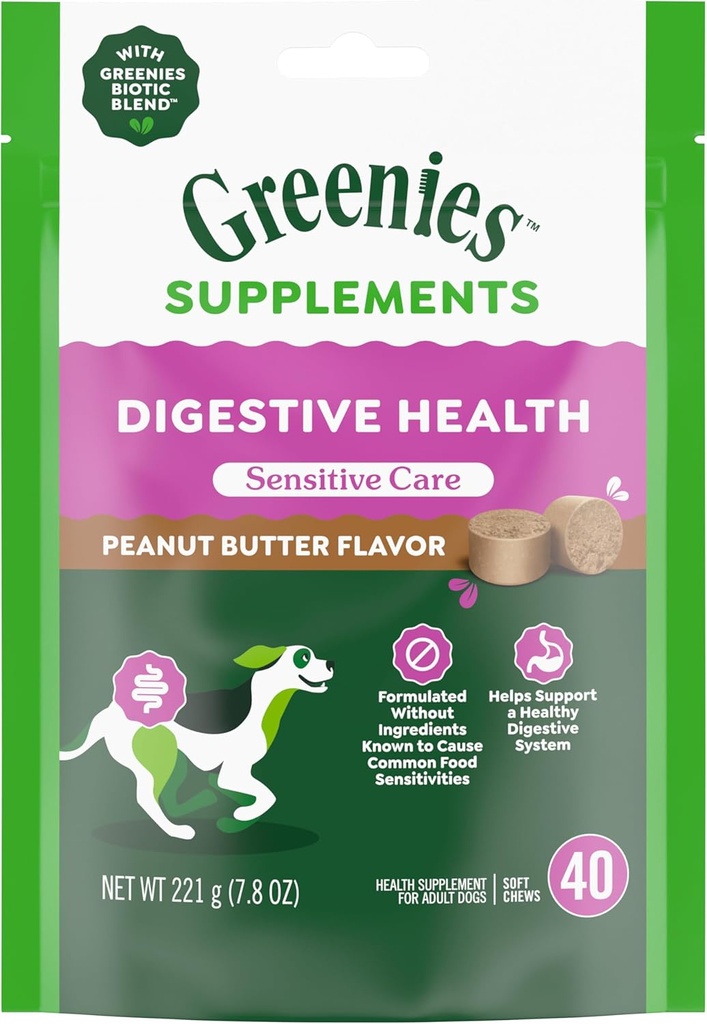 Greenies Sensitive Care Digestive Health Dog Supplement Chicken-Free Formel, med ett probiotikum för hundar, jordnötssmör smak, 40 greve påse