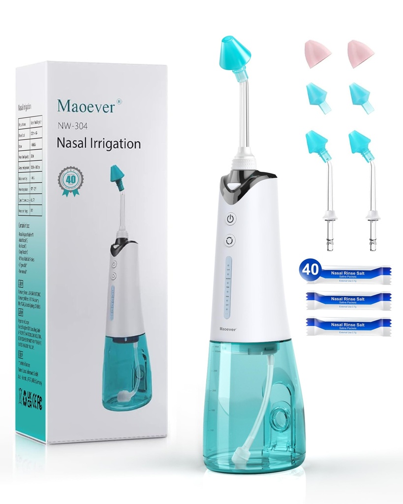 Nenän kastelujärjestelmä, langaton nenän huuhtelukone Sinus Relief & Nasal Care, Electric Neti Pot 6 vinkkejä ja 40 suolapakkaus Nenän kastelu Sinus Rinse System Kit aikuisten ja lasten