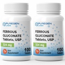 Puregen Labs Ferrous Gluconate 324 mg [High Potency] Iron Supplement, Gentle on Smach 