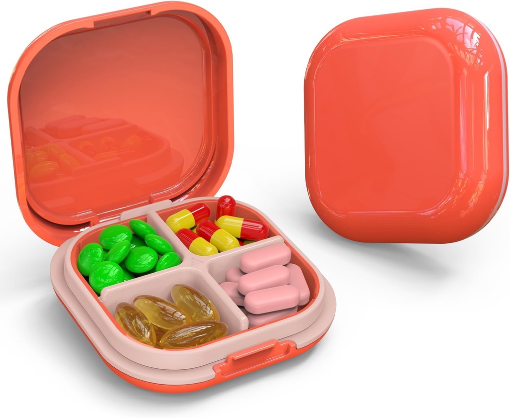 Päivittäinen pilleri Organizer 4 Osastot, Pieni pillerilaatikko Kannettava matka pilleri tapauksessa, Mini pilleri kontti laukku, Compact Travel Medicine Organizer vitamiini, Turskan maksaöljy, täydentää (vaaleanpunainen)