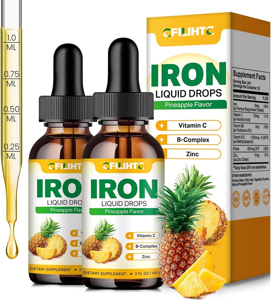 Flytande järntillskott för kvinnor män och barn multivitamin järn droppar med folat, vitamin C, B6, B12, Zink för anemi, järnbrist, blodbyggare, energi - naturlig ananas smak, Vegan 4 Oz