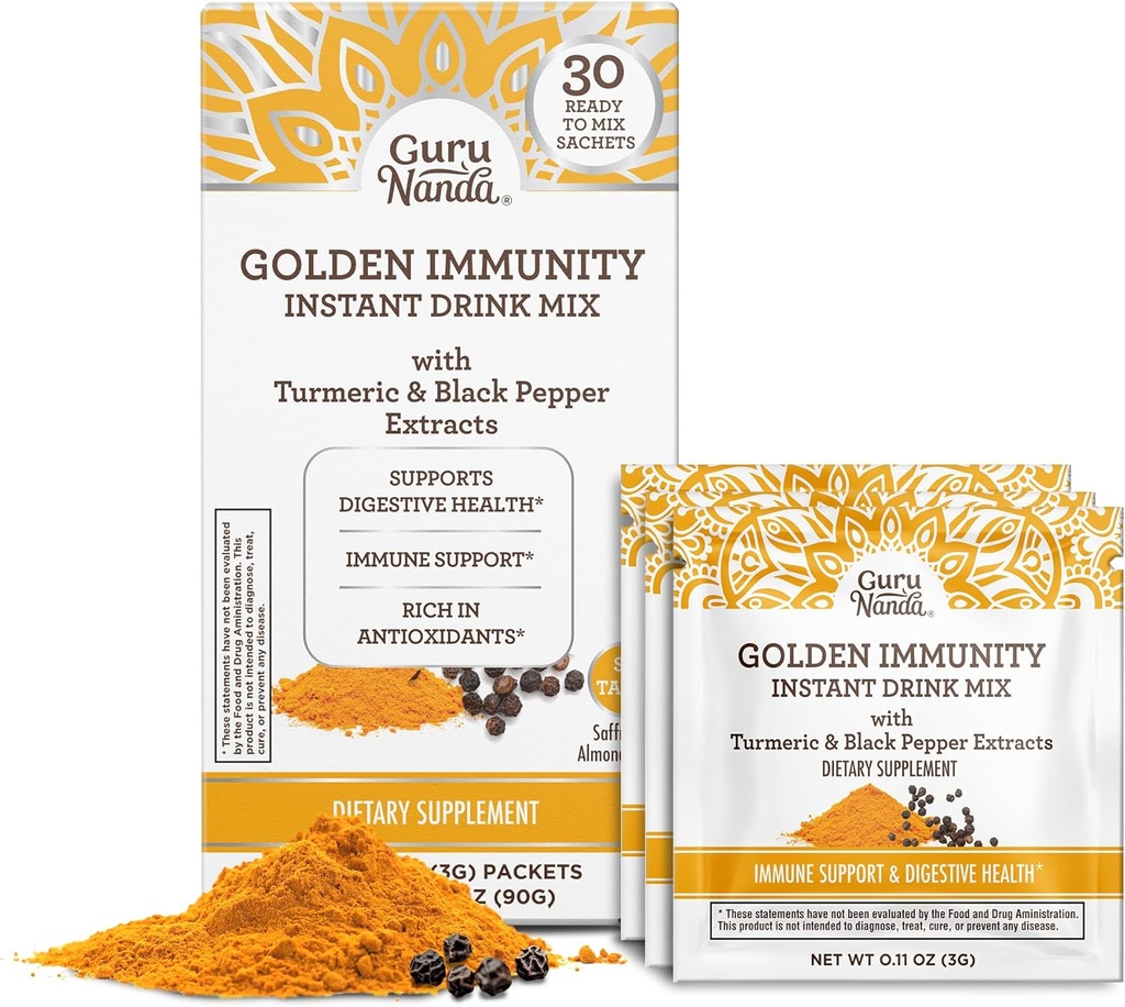 GuruNanda Golden Immuniteetti Instant Drink Mix Turmeric & Black Pepper - Rikas antioksidantteja tukemaan Immuunijärjestelmä & Dgestive Health - Saffron & Almond Flavored, On-Go Sachets (30 kreivi)