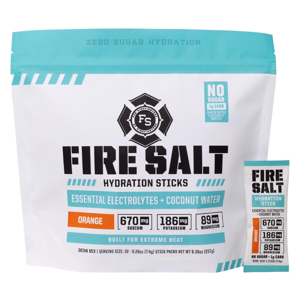 Fire Science Fire Salt Hydration Sticks, Electrolytes & Coconut Water, Hydration Drink Mix med Magnesium, Potassium & Sodium, Zero Sugar, Single Serve On The Go Packs, Vegan, Orange Flavor, 32 Count