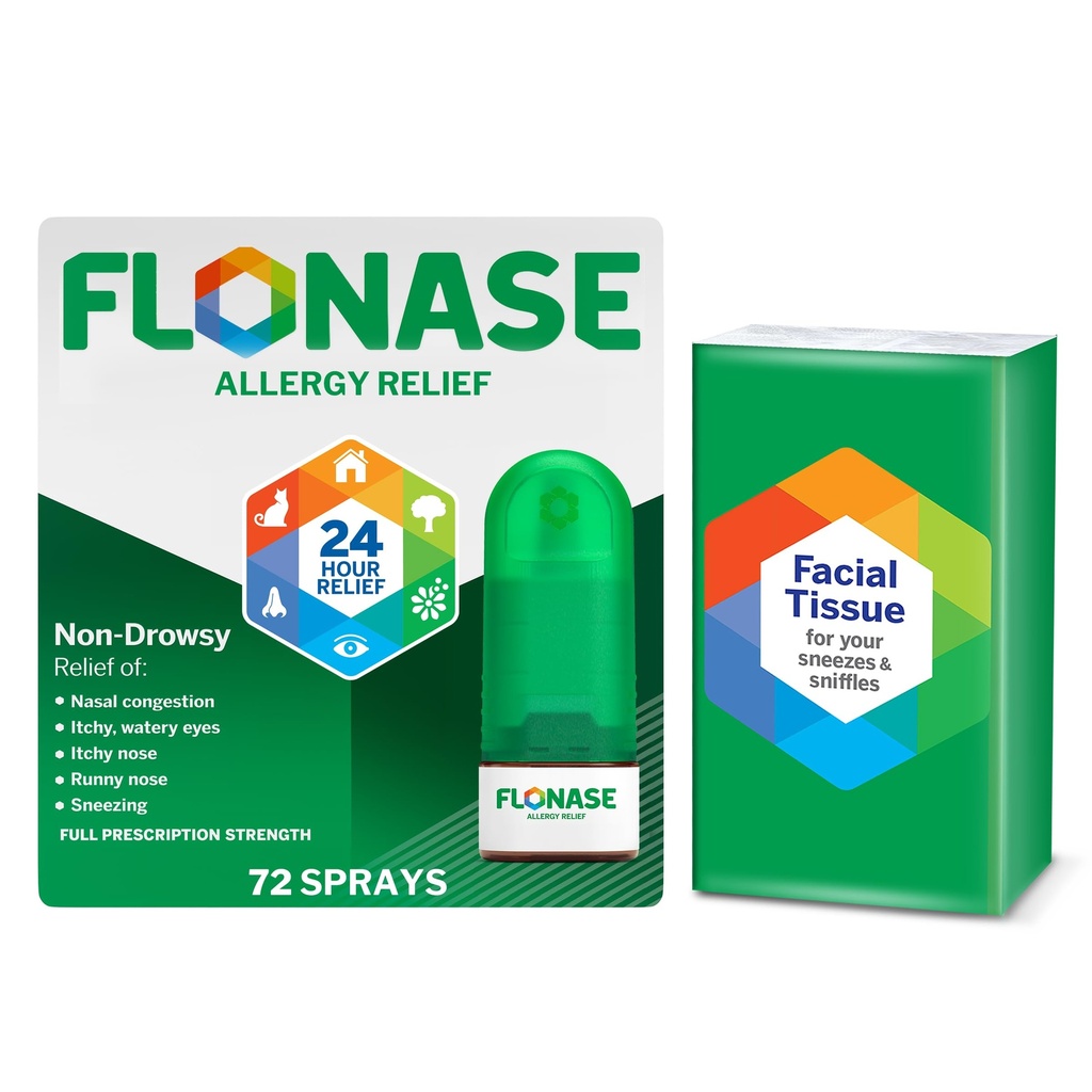 Flonase Allergy Relief Nasal Spray, 24-timmars Non-Drowsy Multi-Symptom Relief - 72 Sprays plus Bonuspaket med Tissues
