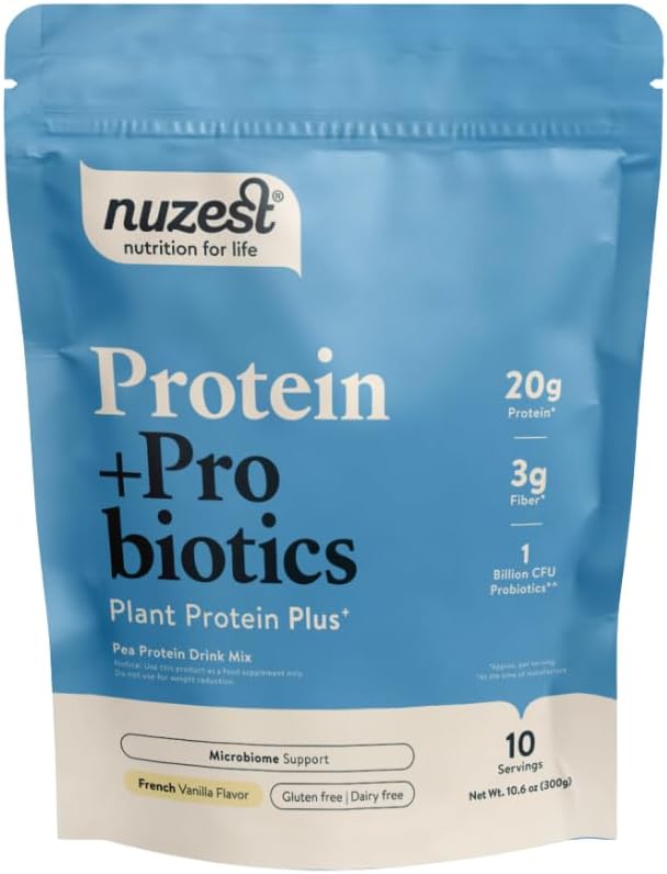 Nuzest - proteiini + probiootit Gut Health - Superfood Powder Plant Protein Blend - 300g / 10.6 oz Pouch (10 tarjoilua) (Ranskan vanilja, 300g)
