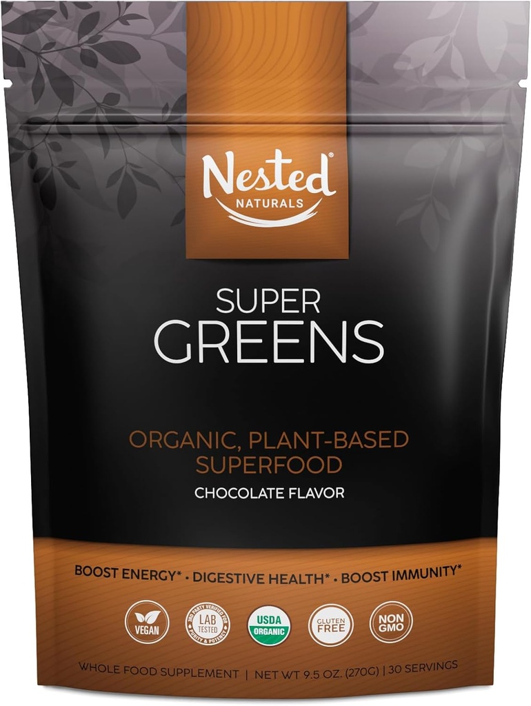 Super Greens # 1 Green Superfood Powder | 100% USDA Organic Non-GMO Vegan Supplement | 20 + Whole Foods (Spirulina, Wheat Grass, Barley), Probiotika, Fiber & Enzymes (Original, 30 Servings) (Chocolate)
