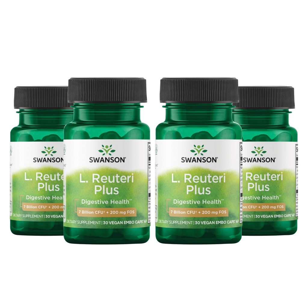Swanson L. Reuteri Probiootti Plus w/ L. Rhamnosus L. Acidophilus & FOS Prebiootti digestiivinen tuki - edistää Gut Health w/ 7 miljardia PMY per kapseli - (30 kasviskapselia) (4 pakkaus)