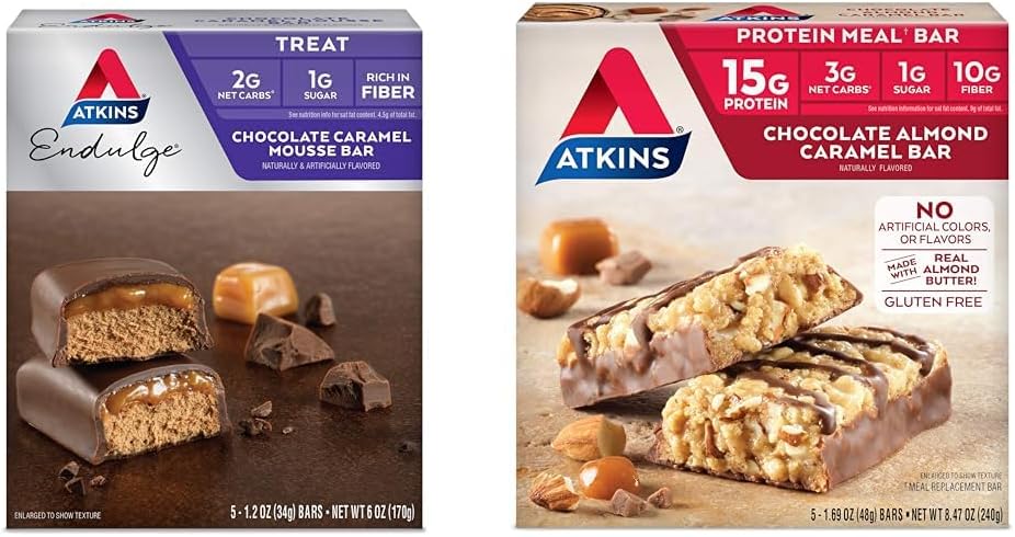 Atkins Endulge Chocolate Caramel Mousse Bar, jälkiruoka Suosikki, 1g Sokeri, Korkea kuitu, 5 Count & Chocolate Almond Caramel Bar, Keto-Ystävällinen, Gluteeniton todellinen Almond Butter, 5 Count (Pack of 1)