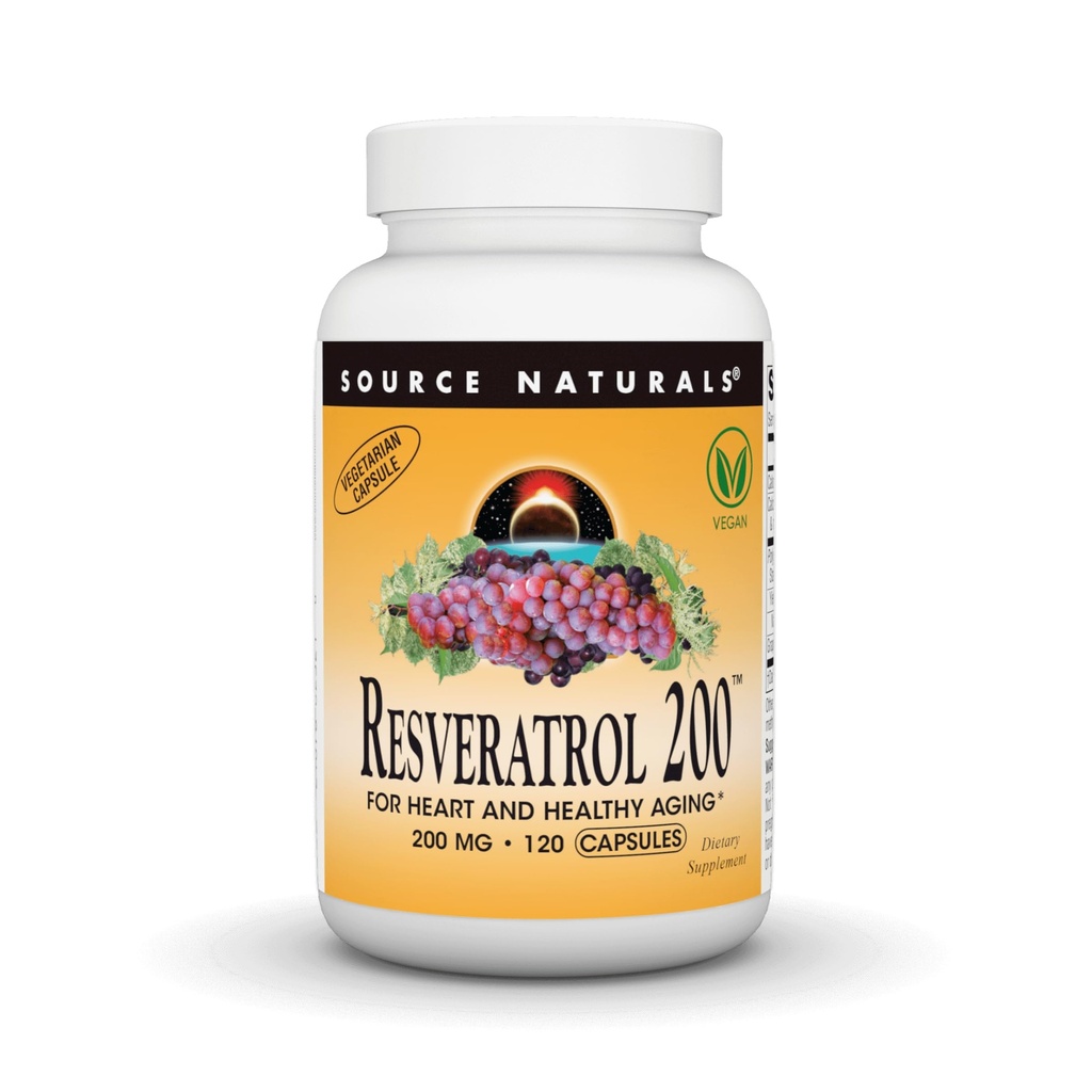 Källa Naturals Resveratrol 200 mg för hjärta och hälsosam åldrande - 120 vegetariska kapslar