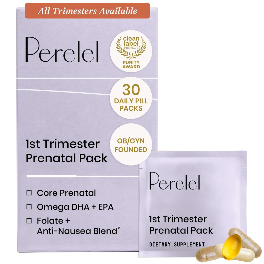 Perel 1st Trimester Prenatal Pack, monivitamiinia folaatti, D-vitamiini, Omega 3, rauta ja inkivääri, ravitsemustuki raskauden alkuvaiheessa, soija ja gluteeniton, ei-muuntogeenisiä valmisteita, 30 päivän pillereitä