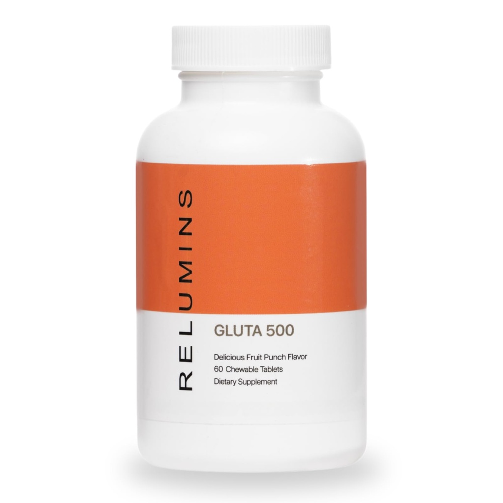 Gluta 500 purutablettia, joissa on glutationia, hyaluronihappoa, C-vitamiinia, biotiinia ja kollageenia.