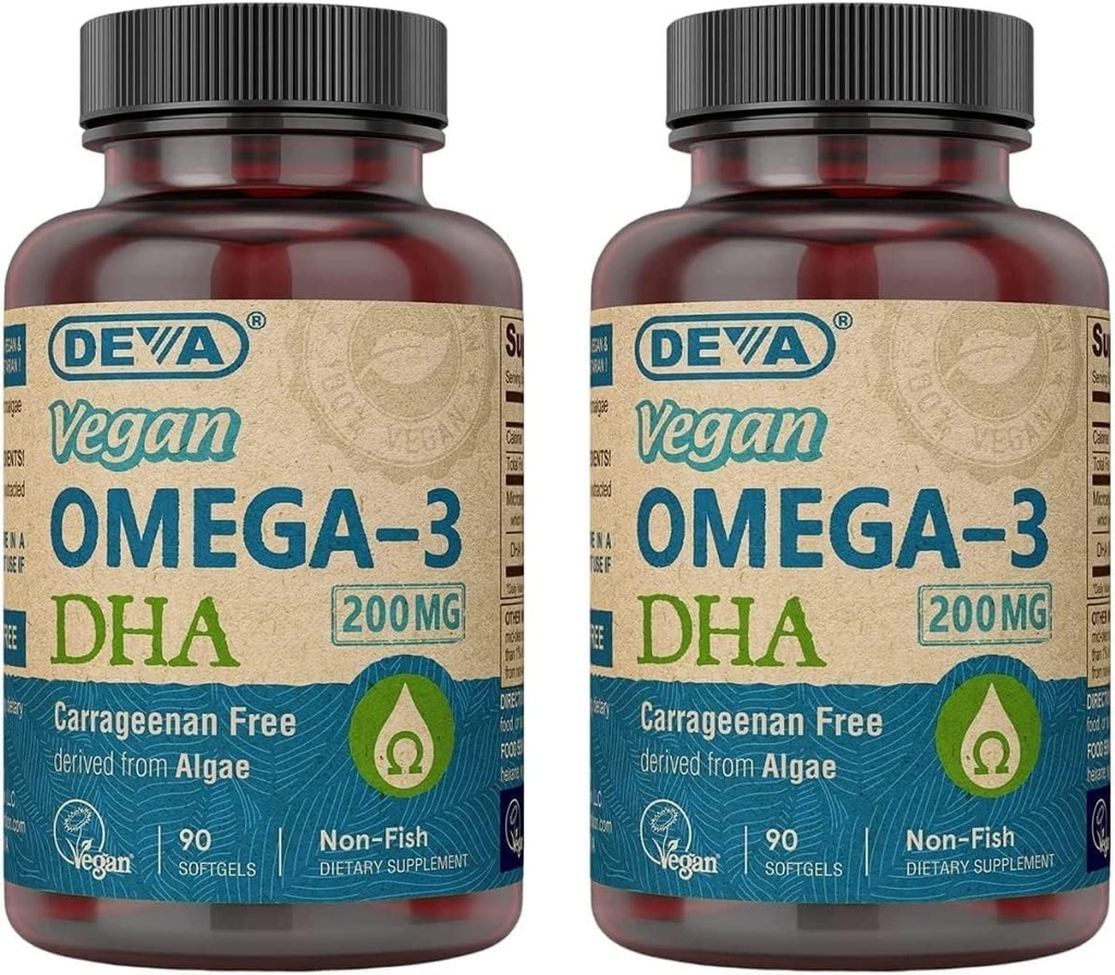 DEVA Vegan Omega-3 DHA täydennysosa - kerran päivässä Softgels 200 MG - Carragenan Free - Liivate - Ei kalaa - Leväöljy Omega-3 rasvahapot - 90 Pehmeä (paketti 2)