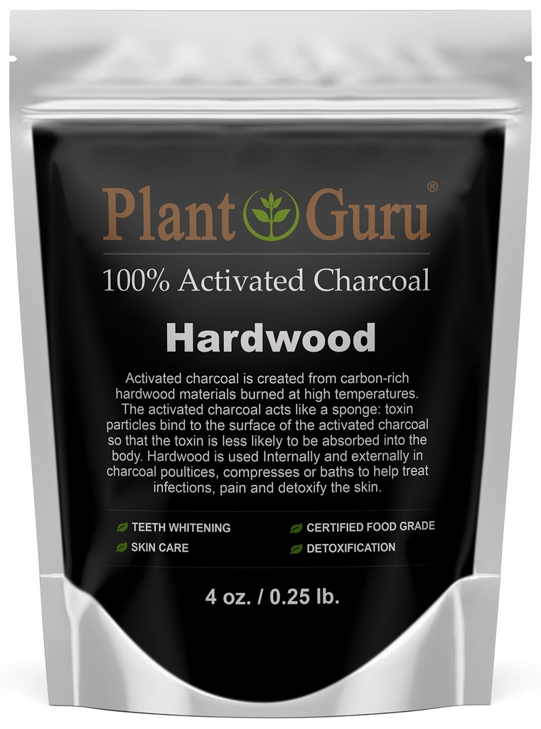 Kasvi Guru Aktiivihiilijauhe 4 oz. HARDWOOD - Ruokaluokka Kosher ei-GMO - Hampaiden valkaisu, kasvojen naamio ja saippuan valmistus. Edistää luonnollista vieroitusta ja auttaa digestiota