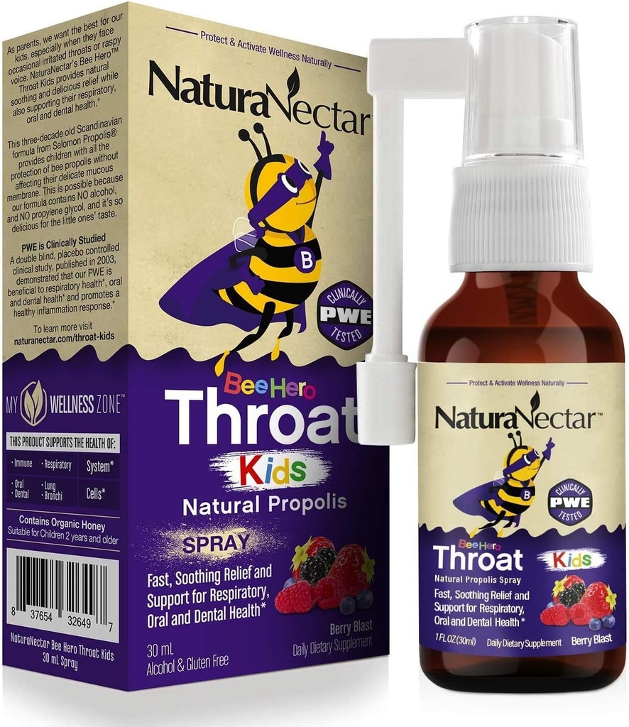 NaturaNectar - BeeHero Brazilian Bee Propolis Chroat Spray - Kurkun helpotus lapsille - Mukavuus ja suojelu - Exclusive Berry Blast Flavor (1 Pack, 1 Fl Oz)