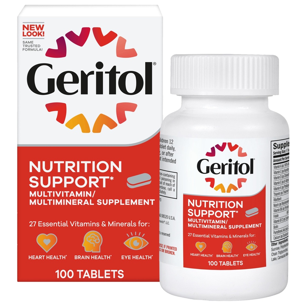 Geritol, Multivitamin Supplement, Innehåller B-Vitaminer, Antioxidanter, Vitaminer C, E & D och Järn, 26 Vitaminer och mineraler, Glutenfri, Icke-GMO, Inga konstgjorda sötningsmedel, 100 tabletter