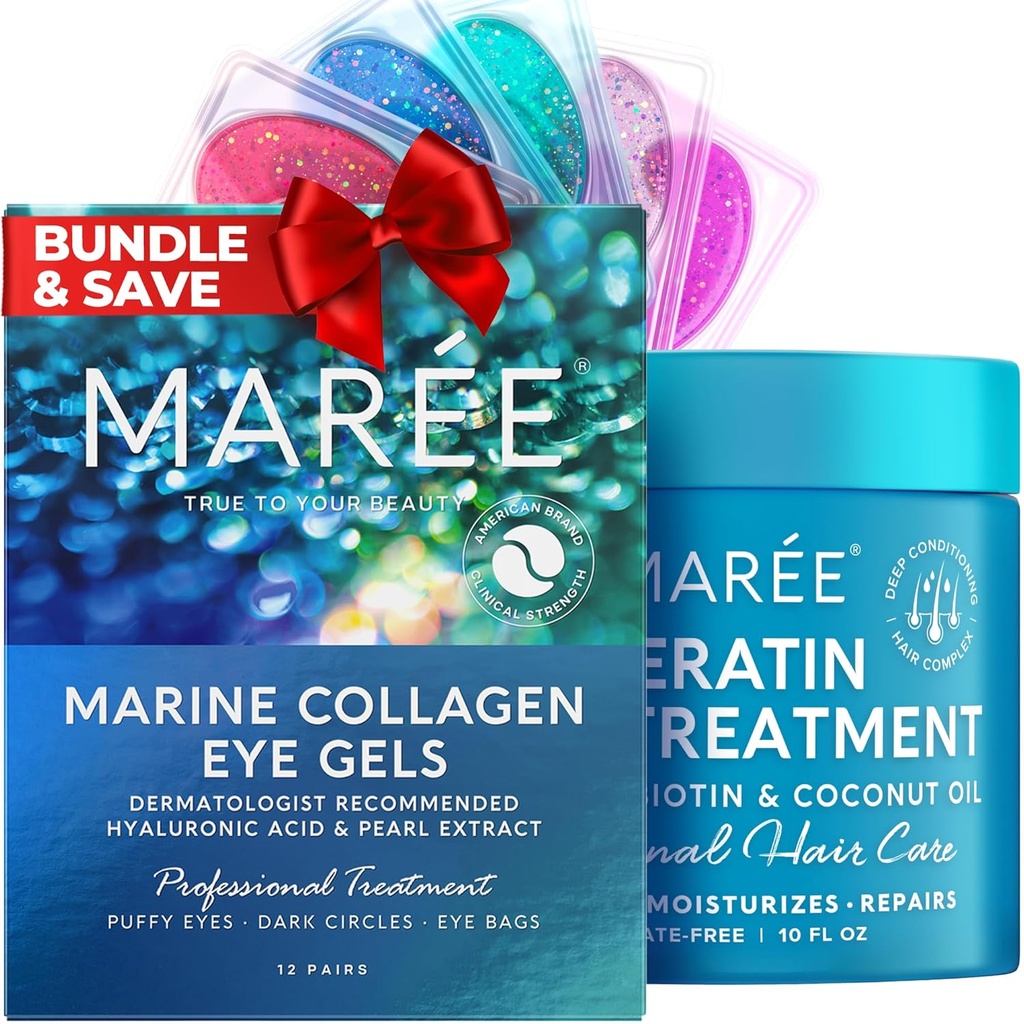 MAREE Complete Beauty Solution - Under Eye Geels & Hair Mask, hoitoaine - Marine Collagen, Hyaluronic Acid, Coconut Oil & Keratin - Vähentää Puffy silmät ja tummat ympyrät, Hydrating Fine & Frizzy Hiukset