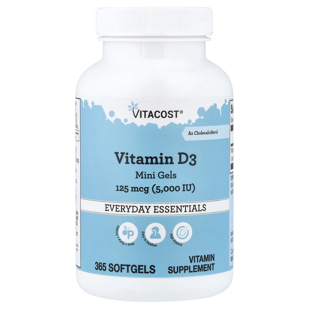 Vitacost D3-vitamiini (As kolekalsiferoli) - 5000 Iu - 365 Softgel Mini Gels