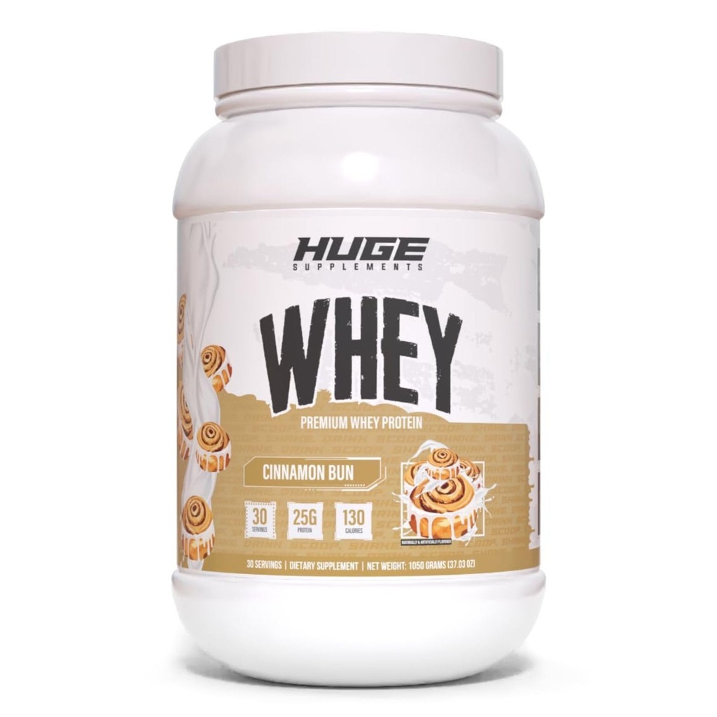 Huge Whey, Proteinpulver för Muscle Gain, 25g Protein, 12g EAA, stöder muskeltillväxt, prestanda och återhämtning (Cinnamon Bun, 30 portioner)