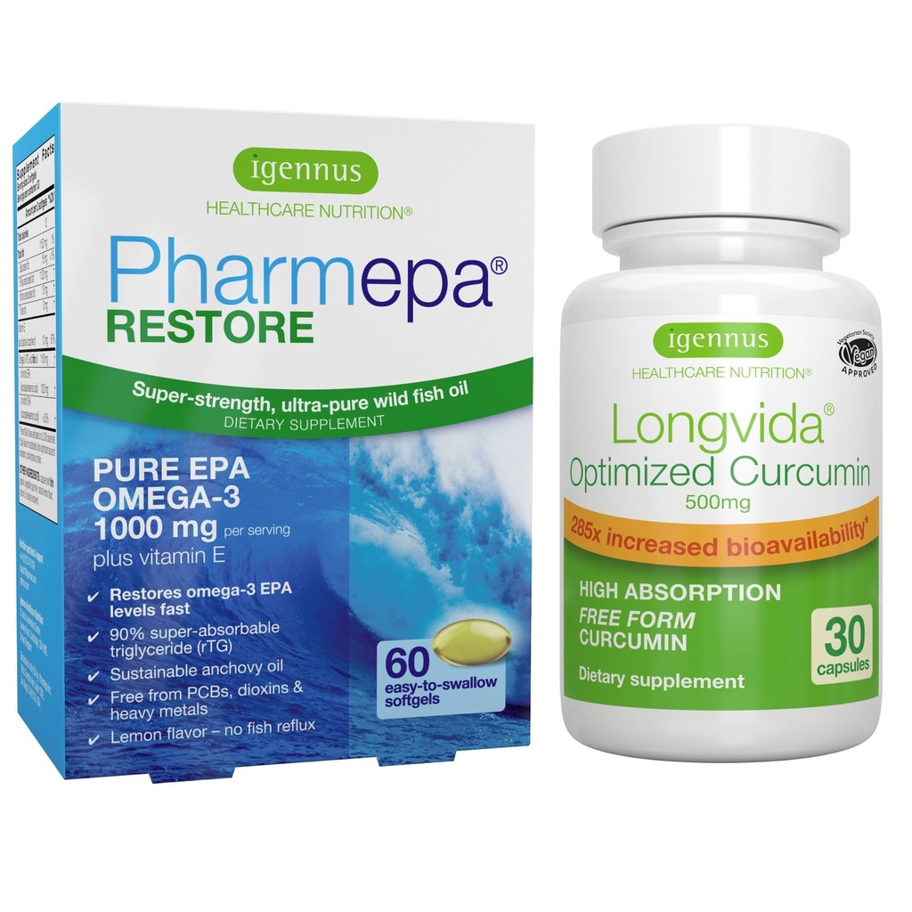 Pharmepa Restore & Longvida Lipidated Curcumin 500mg Bundle, 1000mg Pure EPA Omega-3 Fish Oil & Ultra Bioavailable Curcumin, av Igennus