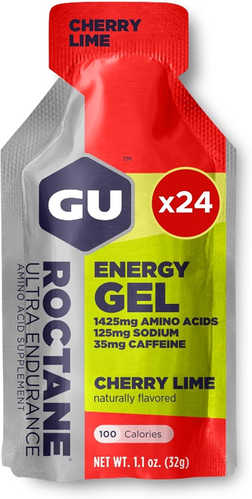 GU Energy Roctane Ultra Endurance Energy Gel, Vegan, Gluten-Free, Kosher och Dairy-Free On-The-Go Sports Nutrition för körning, cykling, vandring eller skidåkning, 24-räkning, Cherry Lime