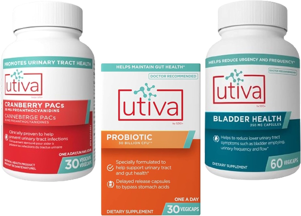 15% Bundle Utiva Cranberry PACs Supplement for Urinary Tract Health 30 Vegi Capsule + Utiva Probiotic för Gut and Urinary Tract Health 30 Delayed Release Vegi Capsule + Utiva Bladder Health 60 Capsule
