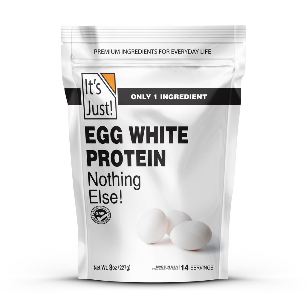 Se on Just! - Egg White Protein Powder, valmistettu Yhdysvalloissa häkki-vapaat munat, kuivattu munanvalkuaiset (Ei maustettu, 8oz)