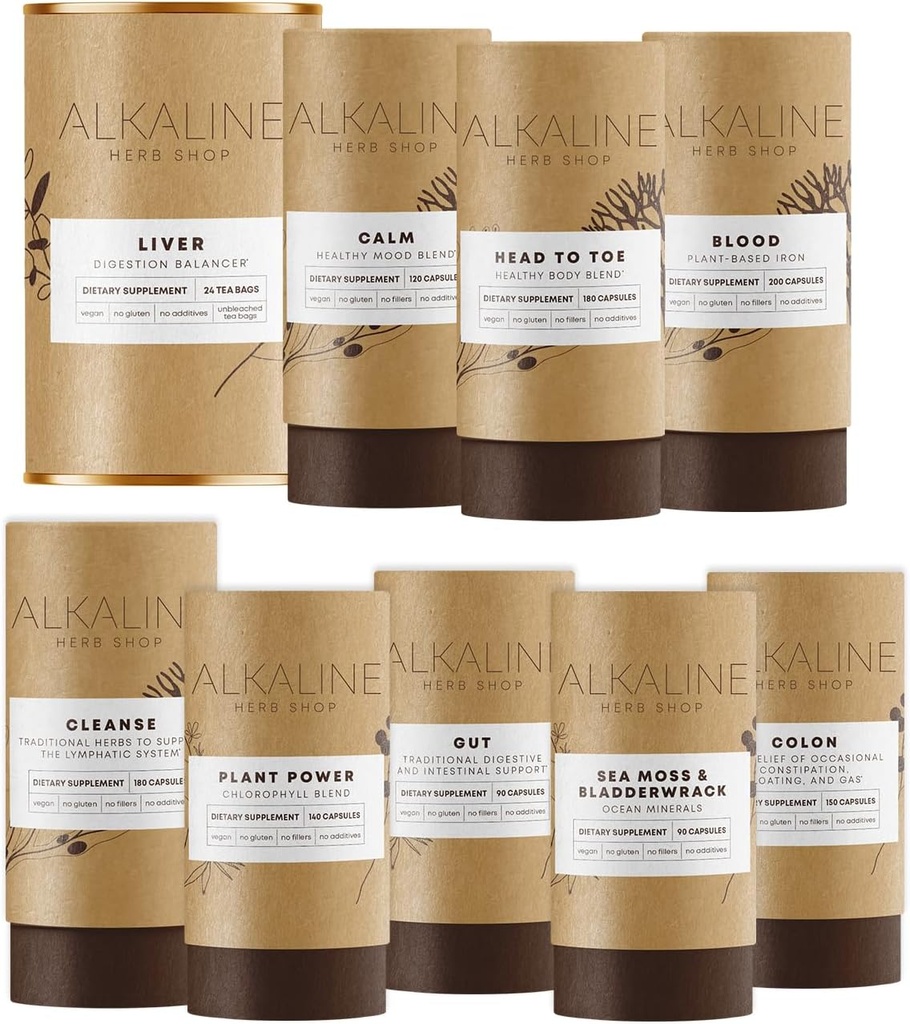 Alkaline Herb Shop The Body Essentials Bundle - Sea Moss & Bladderwrack, Chlorophyll, Iron, Happy Healthy Body, Happy Colon, Happy Lymph, Gut, Happy Liver Tea och Happy Mood