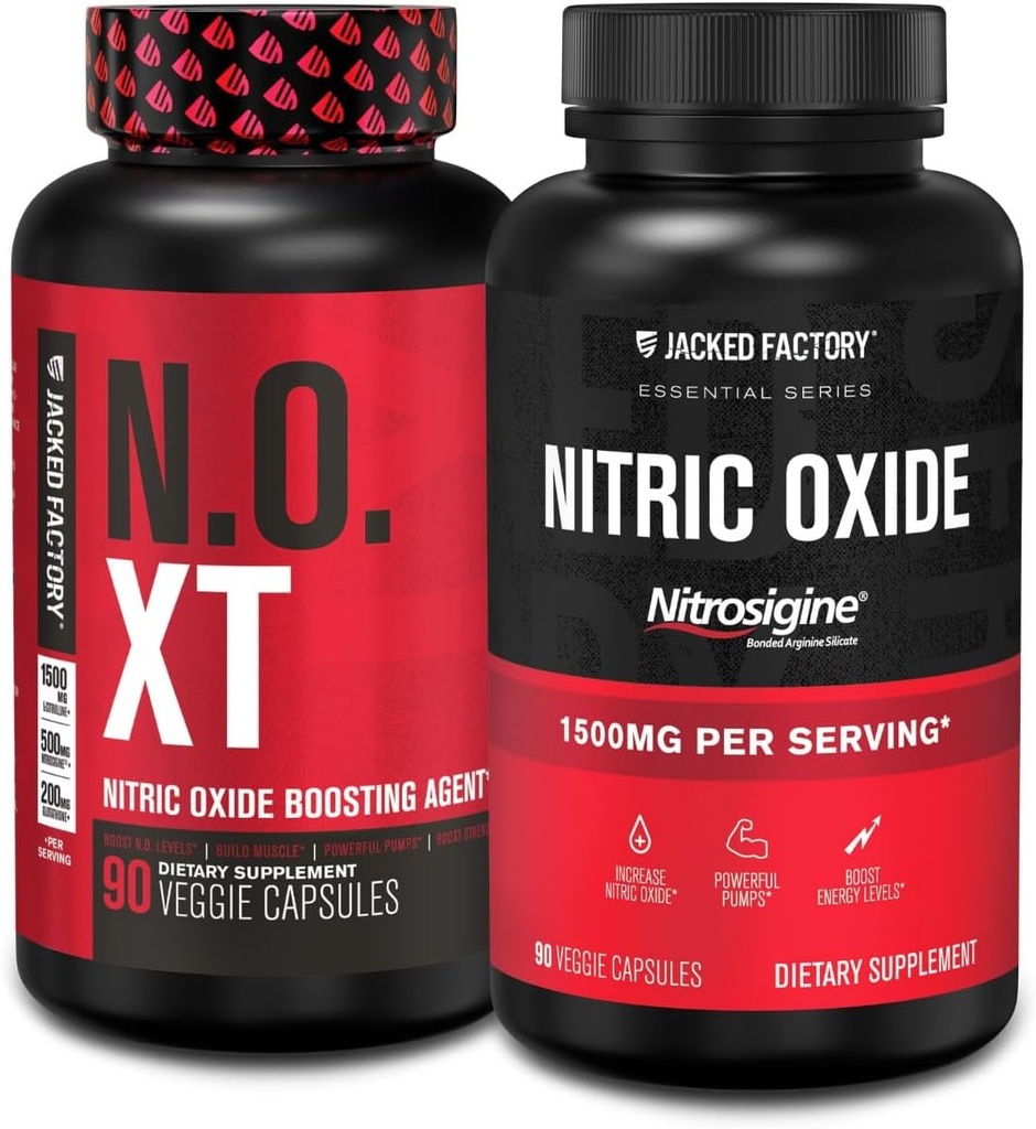 Jacked Factory N.O. XT Nitric Oxide Supplement (90 kapslar) & Nitrosigine L-Arginine Nitric Oxide Booster (90 kapslar) för muskeltillväxt, pumpar, vaskularitet och energi