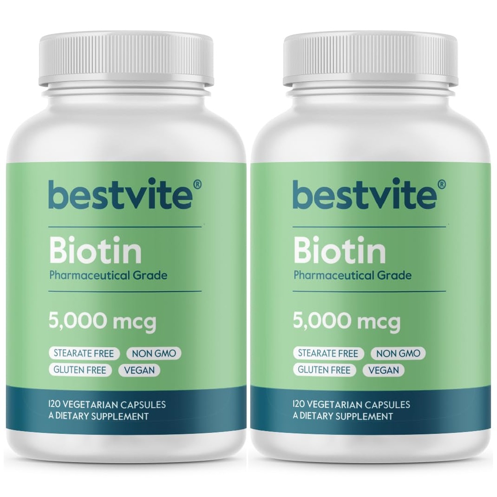 BESTVITE Biotin 5000mcg (240 kasvissyöjän kapselia) (120 x 2) - Ei stearaattia - Ei virtausta aiheuttavia aineita - Vegan - Ei muuntogeenisiä organismeja - Gluteeniton - Hiukset, iho, kynnet