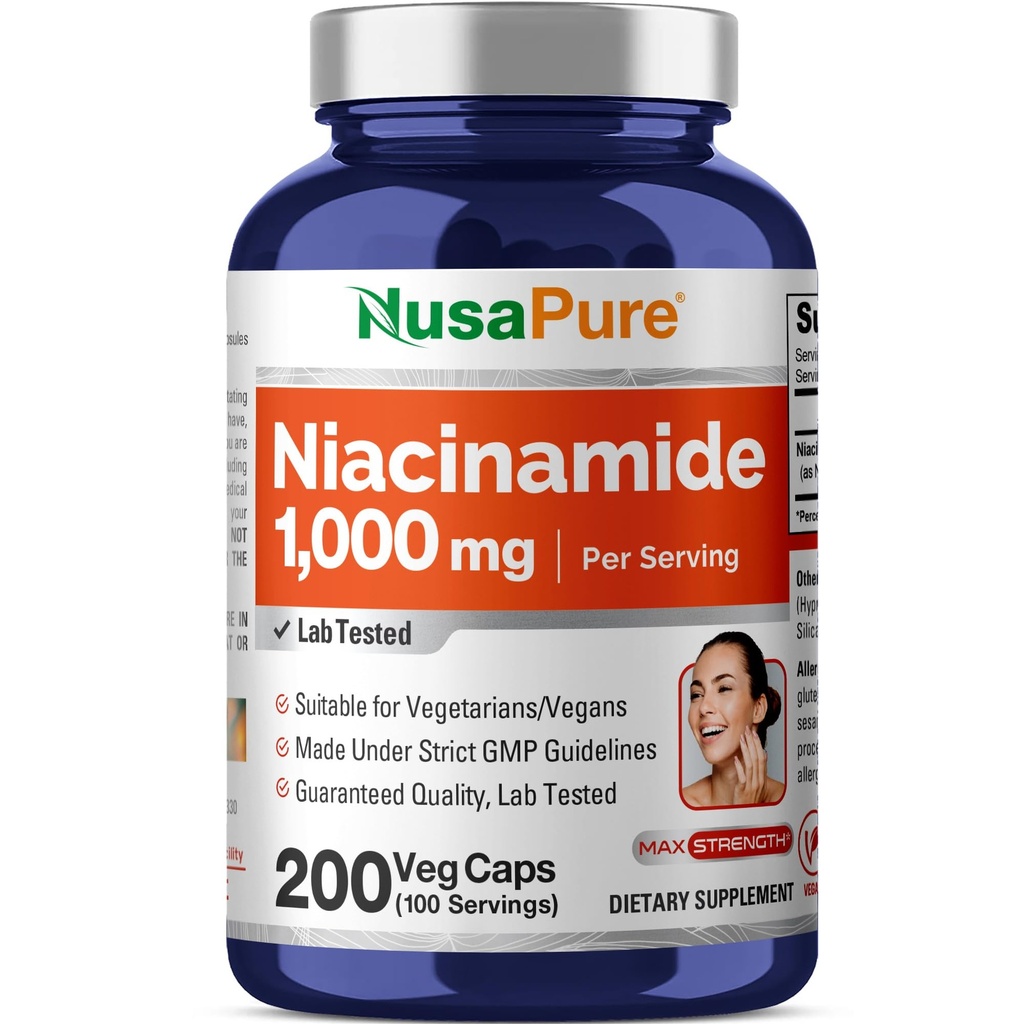 NusaPure Niacinamide 1000 mg 200 Kasviskapselit (ei-GMO, Vegan) Flush Free