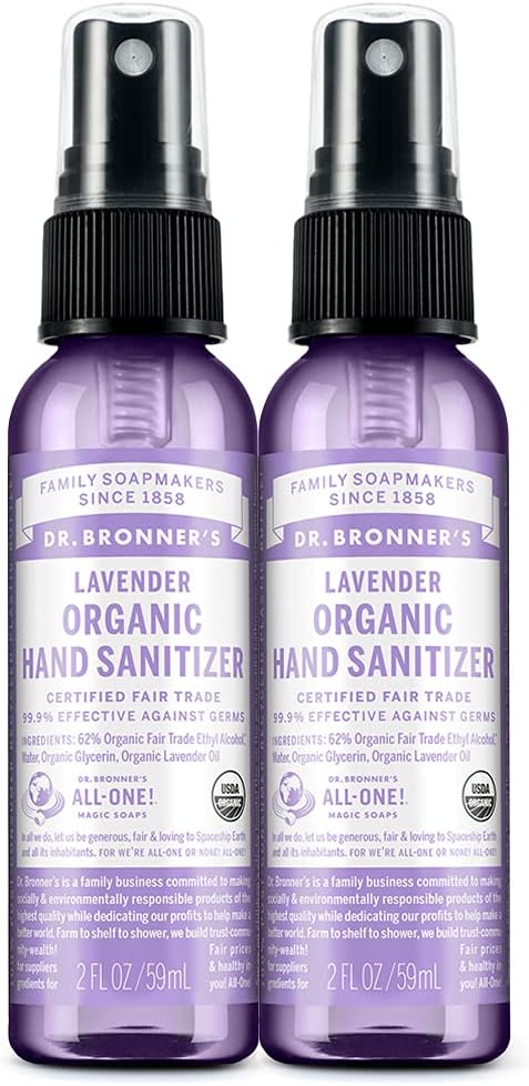 Tohtori Bronner's - Organic Hand Sanitizer Spray (Lavender, 2 Ounce, 2-Pack) - Yksinkertainen ja tehokas Formula, Puhdistaa & Sanitizes, Ei Harsh Chemicals, Kosteutta ja puhdistaa kädet