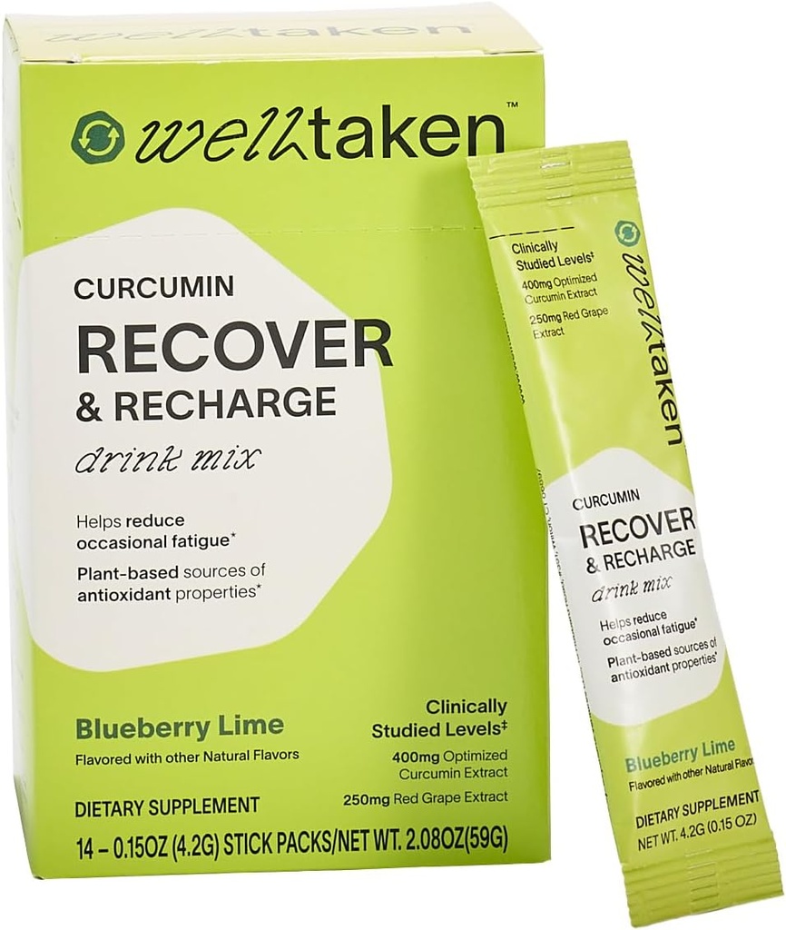 Gurkmeja Curcumin Recover Powder - Blueberry Lime, 14ct Box - 400mg Optimized Curcumin, Pomegranate, Red Grape - Hjälper till att minska ockasionell trötthet - Vegan, 14 portioner