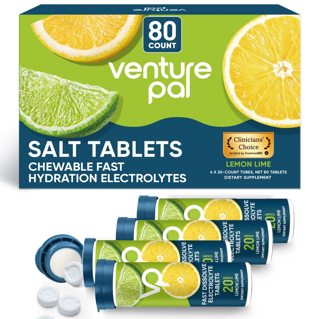 Venture Pal Chewable Electrolyte Tablets, 80 greve Fast-Dissolve Sugar-Free Stick Salt Tablets - Variety Pack för Rapid Hydration, Outdoor Running, Hiking, Sports | Keto & Vegan Friendly