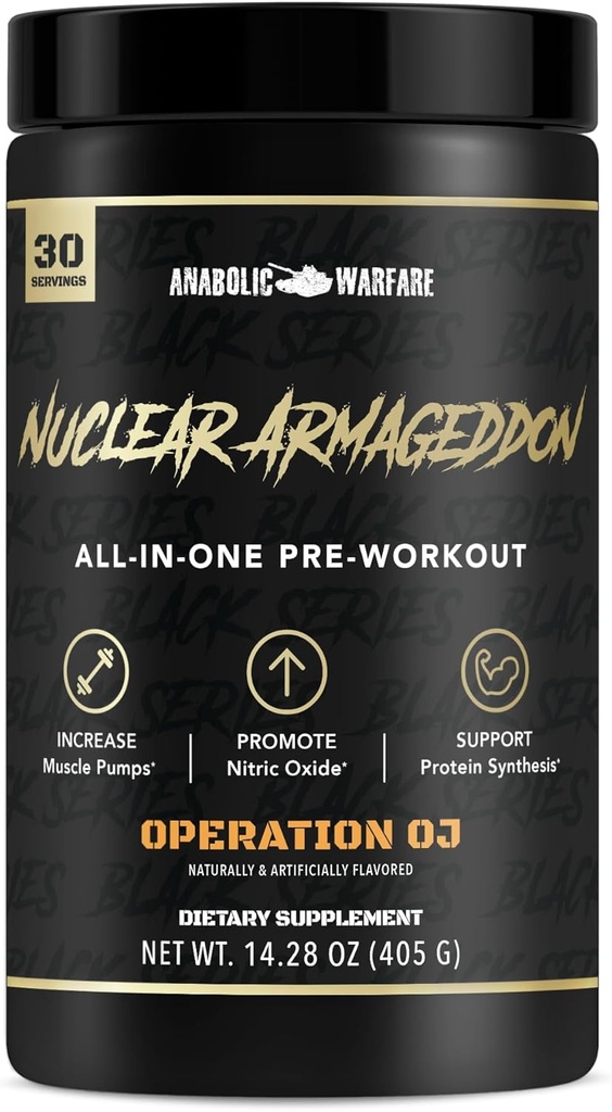 Anabolinen sodankäynti Nuclear Harmageddon Pre Treenout Powder Pre-Workout miehille & naisille L-sitrulliini, Beta Alanine Powder ja kofeiini (Orange Juice - 30 tarjoilua)