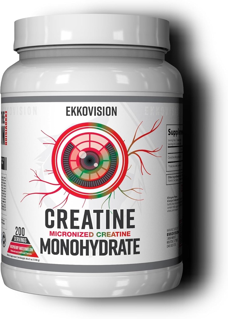 Ekkovision Creatiini Monohydraatti Powder, Micronized, Vadelma Vesimeloni, Pre & Post Harjoitus täydentää miesten ja naisten, energia-tuki, helppo sekoittaa Shakes, Smoothies & Juomat, 200 tarjoilua