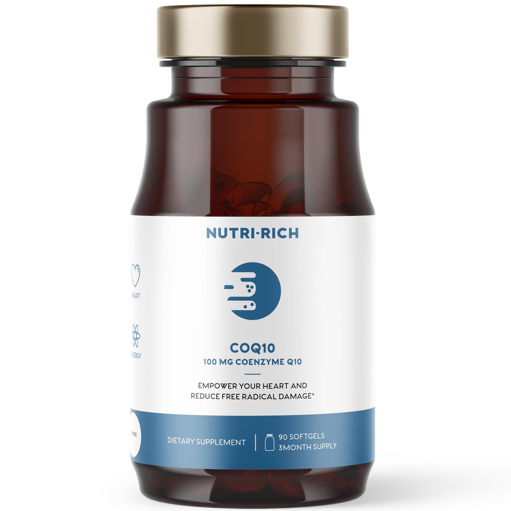 Nutri-Rich CoQ10 Softgels, Coenzyme Q10 Ubikinone for Heart & Energy, Statin Usage & Cellular Health, Kolmannen osapuolen testattu, GMP laatu, Ei keinotekoisia lisäaineita, Ei soijaa, Gluteeniton, 90