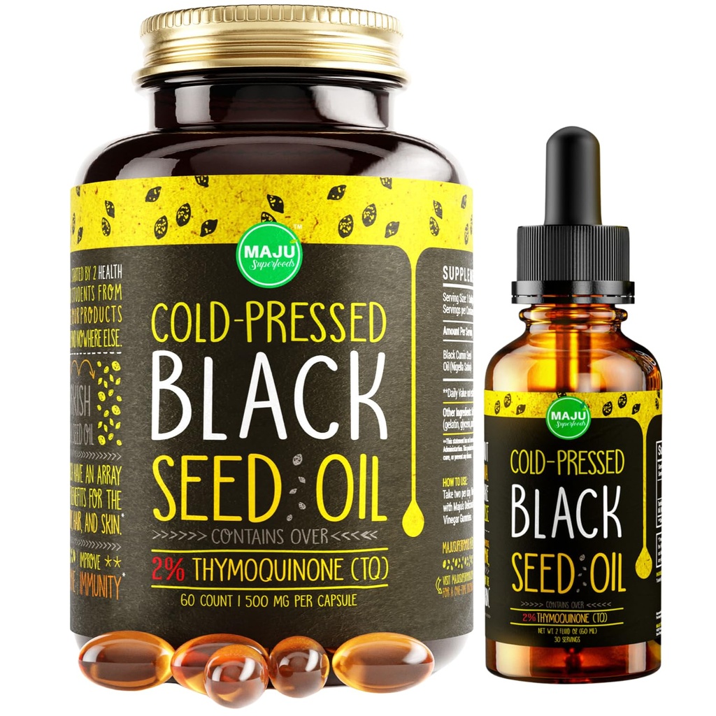 Maju Superfoods Black Seed Oil 2 oz och Black Seed Oil Capsules Bundle