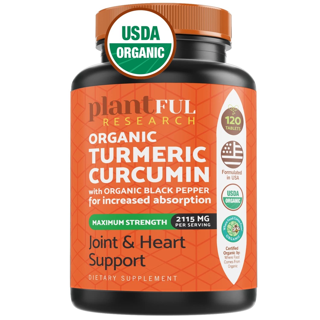 Organic Turmeeric Supplement Black Pepper Korkein Potenssi USDA Certified [Non-GMO Organic Curcumin 2115mg] Antioksidantti Joint & Immuuni tuki 120 tablettia