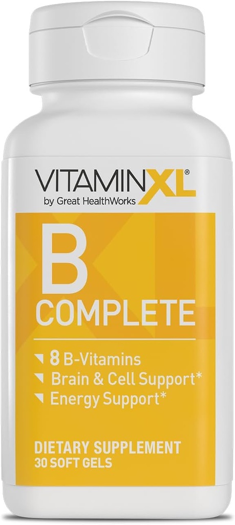 VitaminXL B Complete är en Full Spectrum B Complex Made med B1, B5, B6, B12, Biotin, Niacin, Riboflavin och Folate, Också med kolin och inositol (30 Soft Gels, 30 Servings)