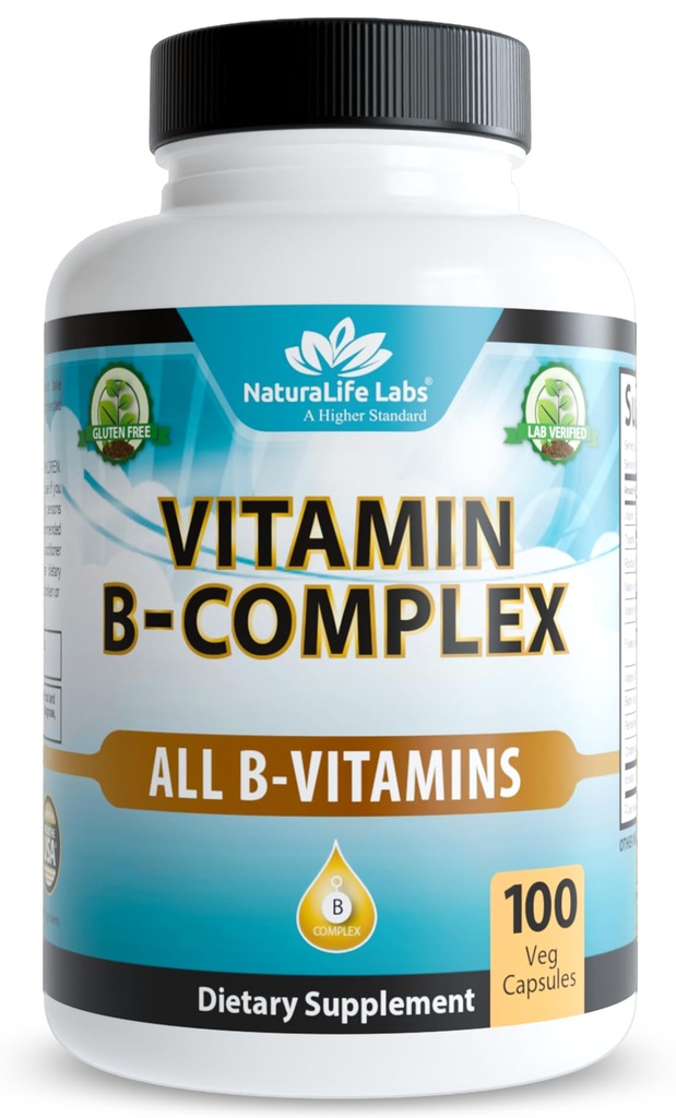 NaturaLife Labs Vitamin B-Complex med vitamin C & Folic Acid - Inkluderar B1, B2, B3, B5, B6, B7, B9 & B12 - 100 kapslar, Vegan, icke-GMO, Gluten Free