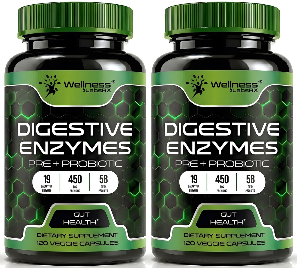 Dgestive Enzymes with Probiootit ja prebiootit, 450 mg, 5 miljardia PMY - Pure Super Digestion Kapselit - Dgestive Enzymes for Women & Men Tuki Digestion & Gut Health - 120 Count (Pack of 2)