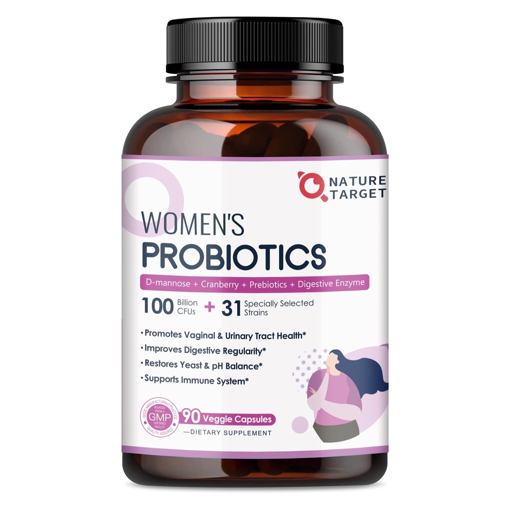 NATURE TARGET Probiotics for Women, 100 Billion CFUs Probiotic med Digestive Enzymes & Prebiotika, Vaginal Probiotika med Cranberry för urinvägs hälsa, pH Balance, 90 Veggie Capsules