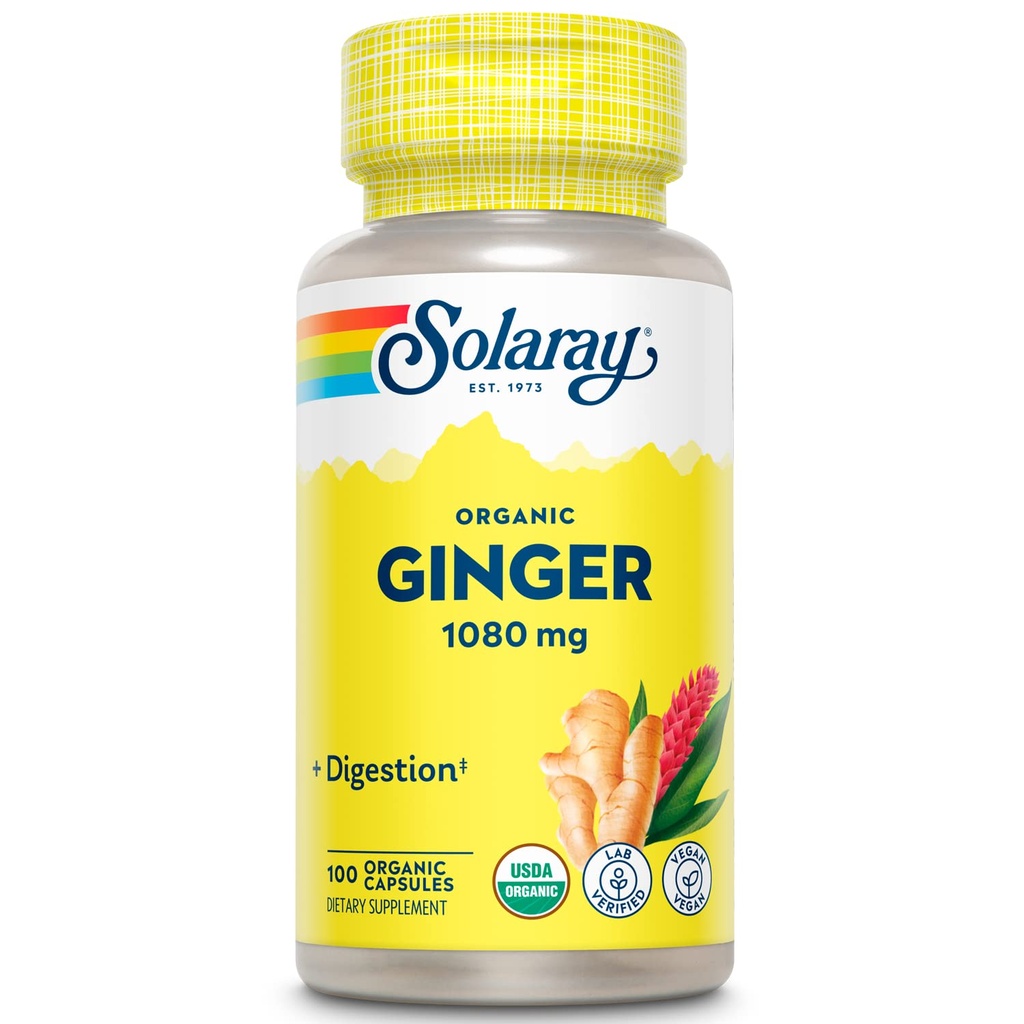 SOLARAY Luomu inkivääri 1080 mg - Luomu inkivääriä lisäravinteet - lievittää pahoinvointia ja oksentelua liittyvät Motion Pahoinvointi, tukee yhteistä terveyttä - Vegan, Non Drowsy, 60 päivän takuu, 50 tarjoilua