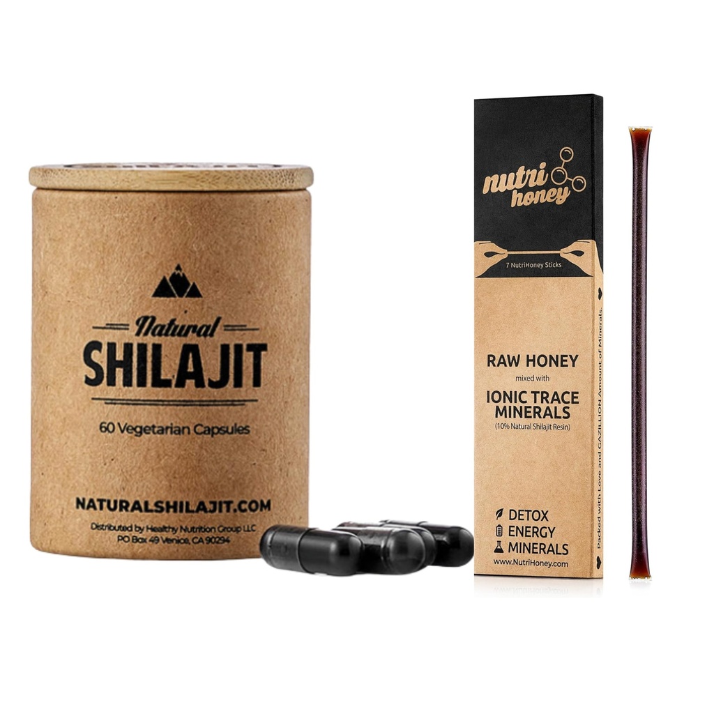 Luonnollinen Shilajit Kapselit (1-2 kuukautta Supply) - 60 Count & Shilajit Honey Sticks - Natural Shilajit Harsin sekoitettuna raakahunaja (7 tikkua)